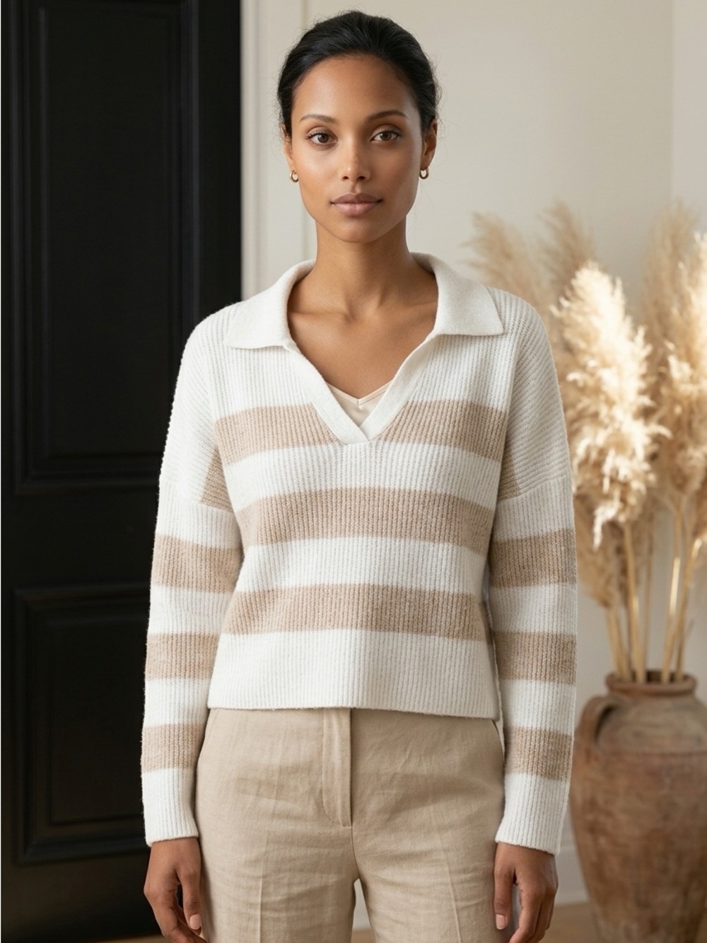 Anthropologie Moon & Madison Cropped Sweater Medium Ivory Beige Striped V Neck